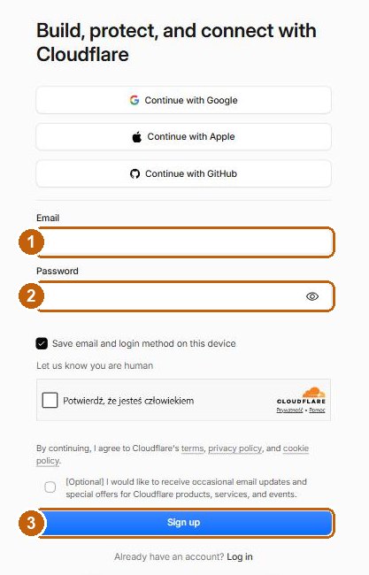 Formularz rejestracji Cloudflare z zaznaczonymi polami e-mail, hasło i przyciskiem Sign up