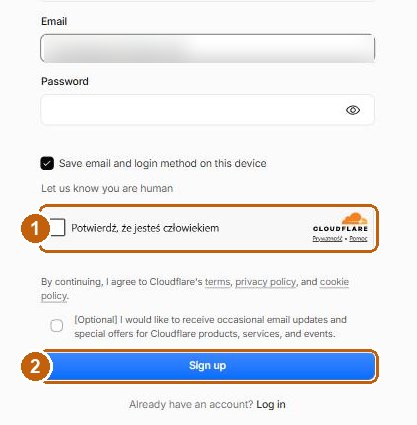Zaznaczony kwadracik potwierdzenia, że nie jesteś botem, oraz przycisk Sign up