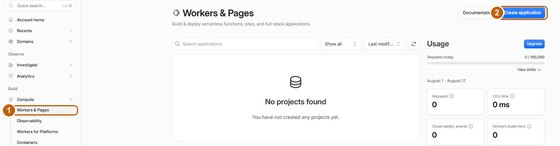 Panel Cloudflare z zaznaczonym menu Workers and Pages oraz przyciskiem Create application