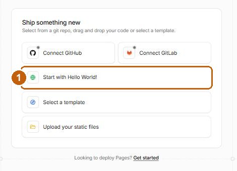 Lista sposobów utworzenia aplikacji z zaznaczoną opcją Start with Hello World