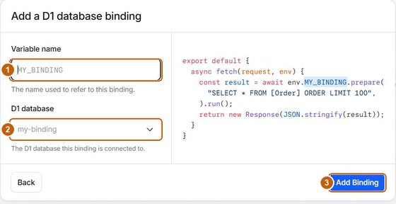 Formularz połączenia z zaznaczonym polem Variable name, listą baz i przyciskiem Add Binding