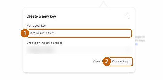 Okno tworzenia klucza z zaznaczonym polem nazwy i przyciskiem Create key