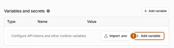 Pusta sekcja Variables and secrets z zaznaczonym przyciskiem Add variable