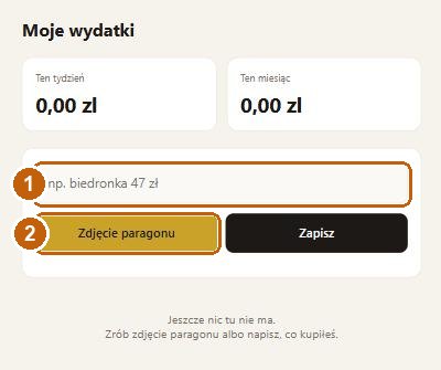 Aplikacja po zalogowaniu, zaznaczone pole tekstowe i przycisk zdjęcia paragonu