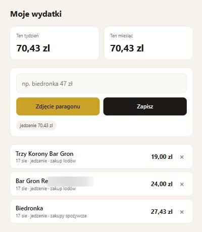 Lista z trzema wydatkami odczytanymi ze zdjęć paragonów