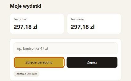 Aplikacja z zaznaczonym przyciskiem Zdjęcie paragonu