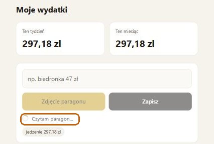 Aplikacja podczas odczytu ze zdjęcia, napis Czytam paragon