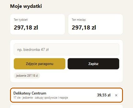 Aplikacja z zapisanym wydatkiem odczytanym ze zdjęcia paragonu